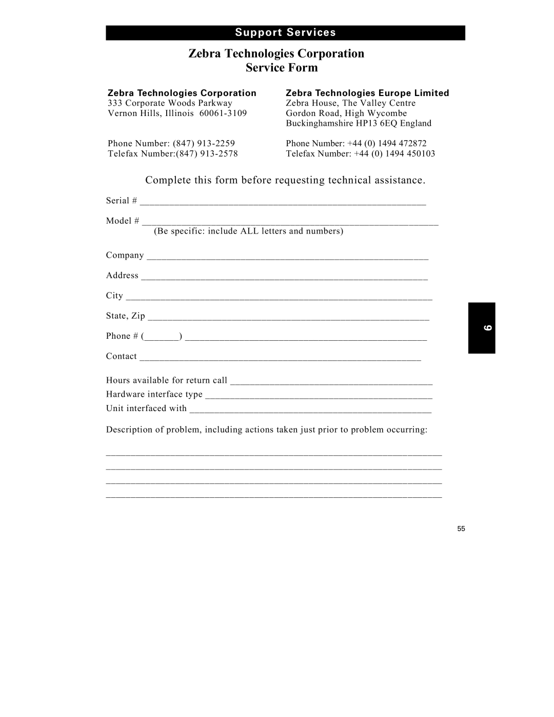 Zebra Technologies S-300 manual Zebra Technologies Corporation Service Form 