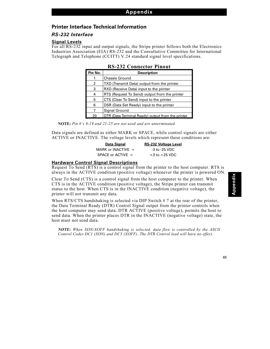 Zebra Technologies S-300 manual Printer Interface Technical Information, RS-232 Interface, Signal Levels 