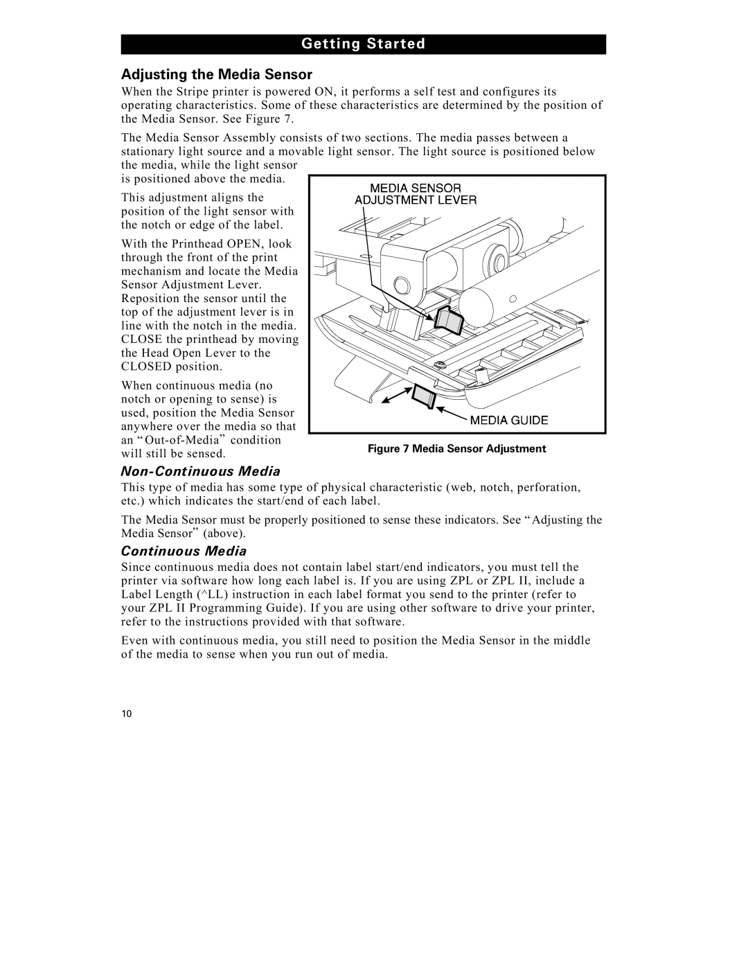 Zebra Technologies S-500 manual Adjusting the Media Sensor, Non-Continuous Media 