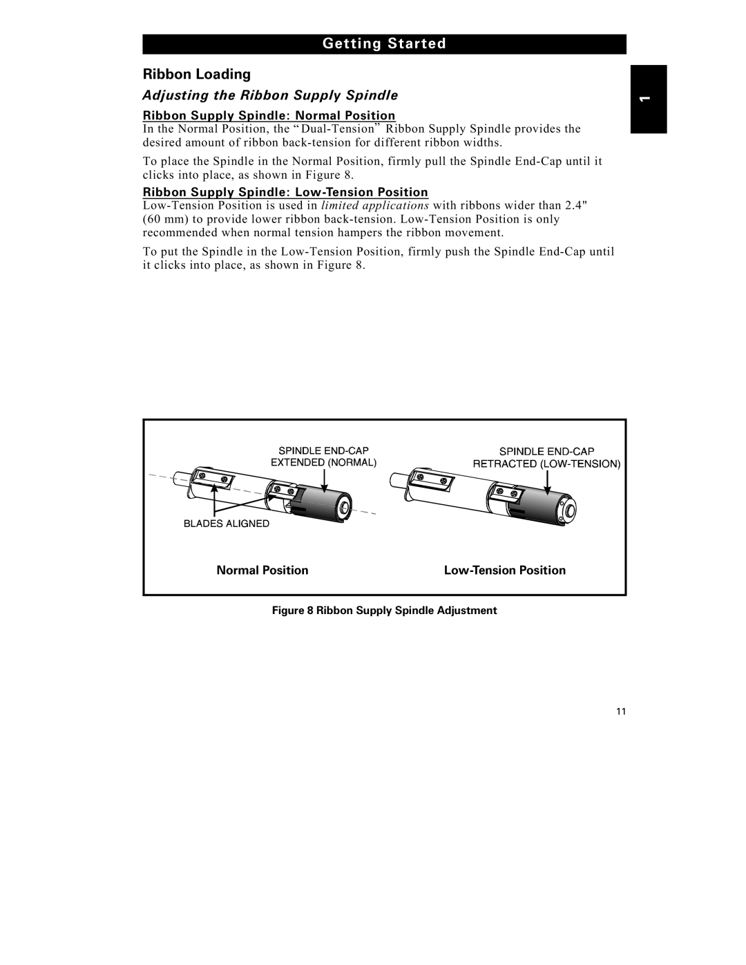 Zebra Technologies S-500 manual Ribbon Loading, Adjusting the Ribbon Supply Spindle, Ribbon Supply Spindle Normal Position 