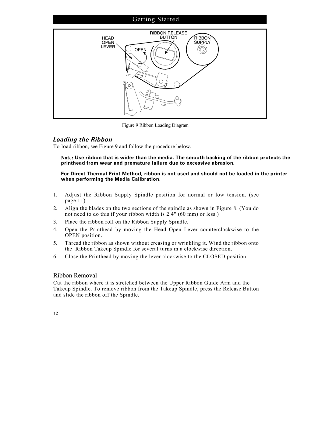 Zebra Technologies S-500 manual Ribbon Removal, Loading the Ribbon 