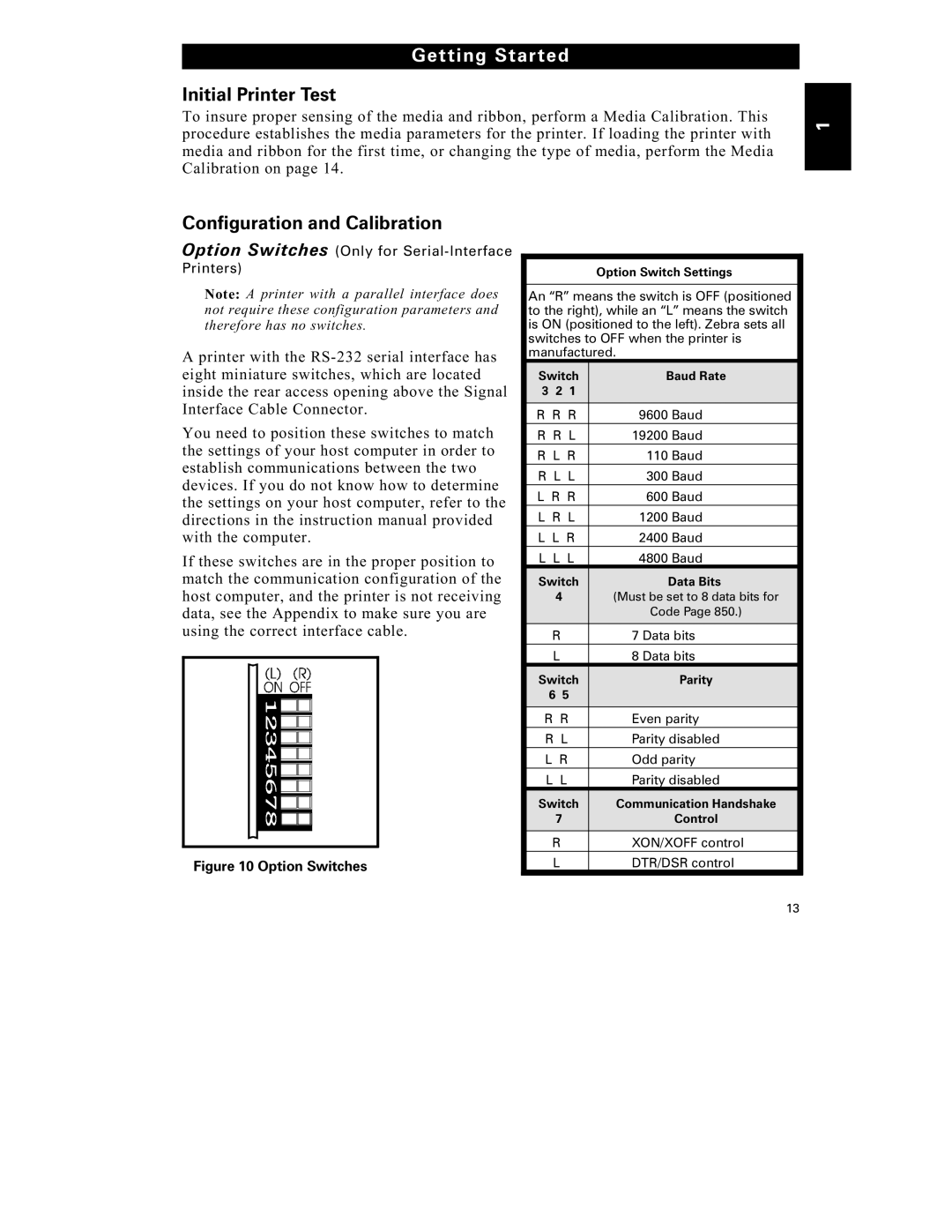 Zebra Technologies S-500 Initial Printer Test, Configuration and Calibration, Option Switch Settings, Switch Baud Rate 