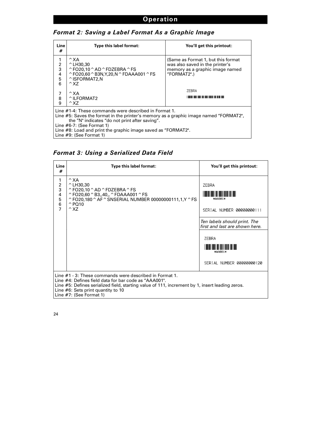 Zebra Technologies S-500 manual Format 2 Saving a Label Format As a Graphic Image, Format 3 Using a Serialized Data Field 