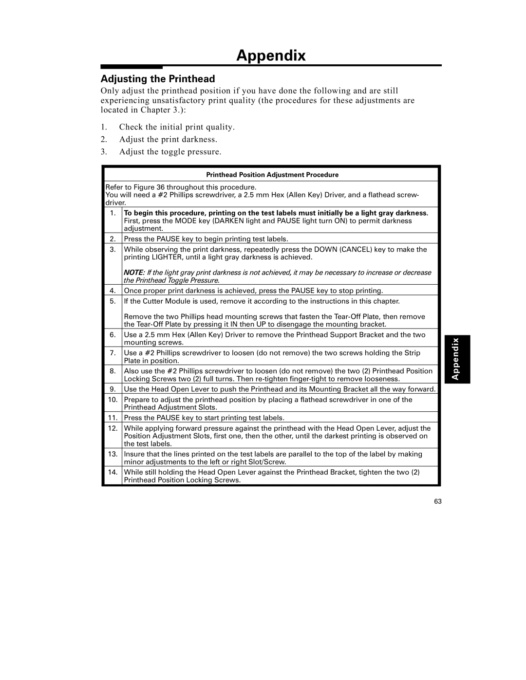 Zebra Technologies S-500 manual Adjusting the Printhead, Printhead Position Adjustment Procedure 