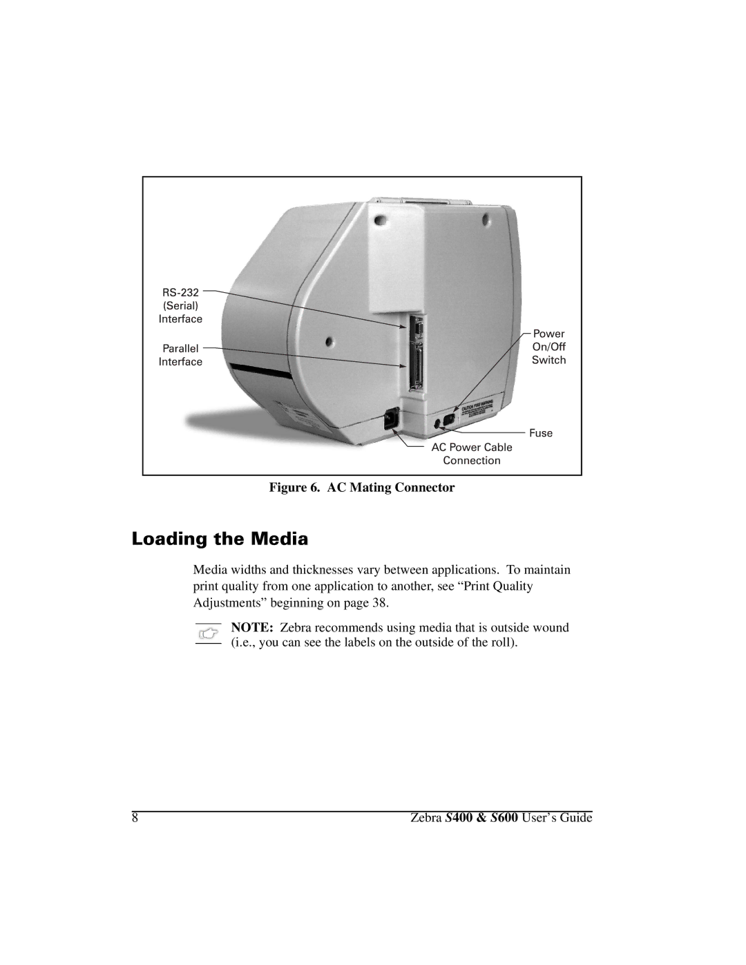 Zebra Technologies S400, S600 manual RDGLQJWKH0HGLD, AC Mating Connector 