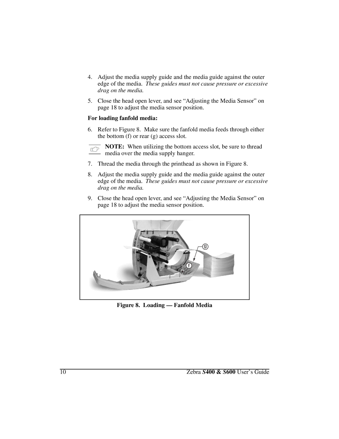 Zebra Technologies S400, S600 manual Loading Fanfold Media 