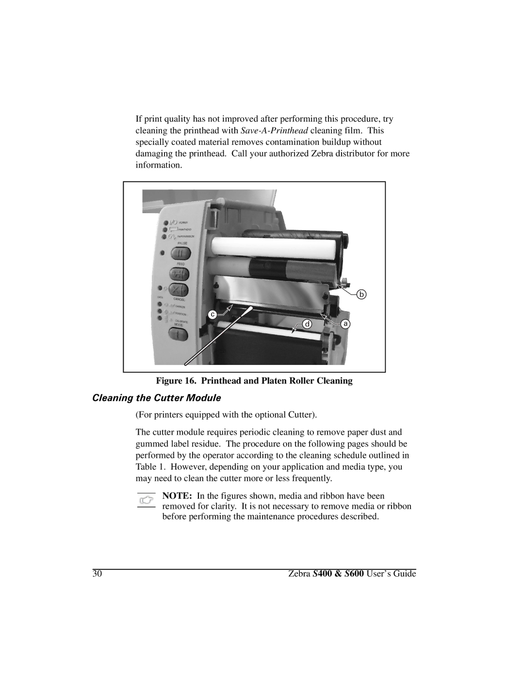 Zebra Technologies S400, S600 manual Printhead and Platen Roller Cleaning, OHDQLQJWKH&XWWHU0RGXOH 