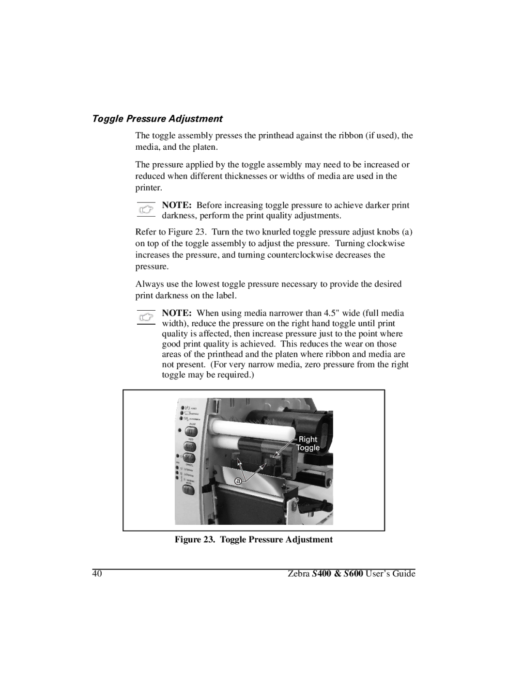 Zebra Technologies S400, S600 manual 7RJJOH3UHVVXUH$GMXVWPHQW, Toggle Pressure Adjustment 