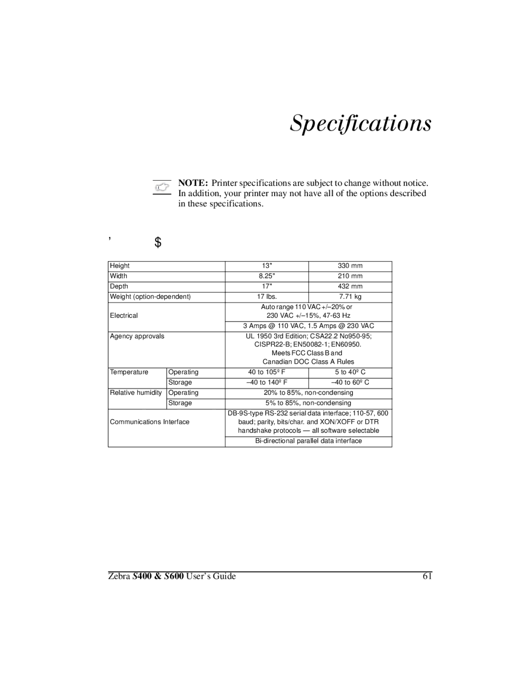 Zebra Technologies S600, S400 manual 0lY‹y‹YAÏ‹Ÿ›Æ, HQHUDO6SHFLILFDWLRQV 