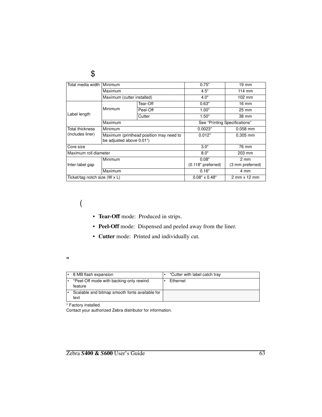 Zebra Technologies S600, S400 manual 0HGLD6SHFLILFDWLRQV, 0HGLD+DQGOLQJ, 2SWLRQV 