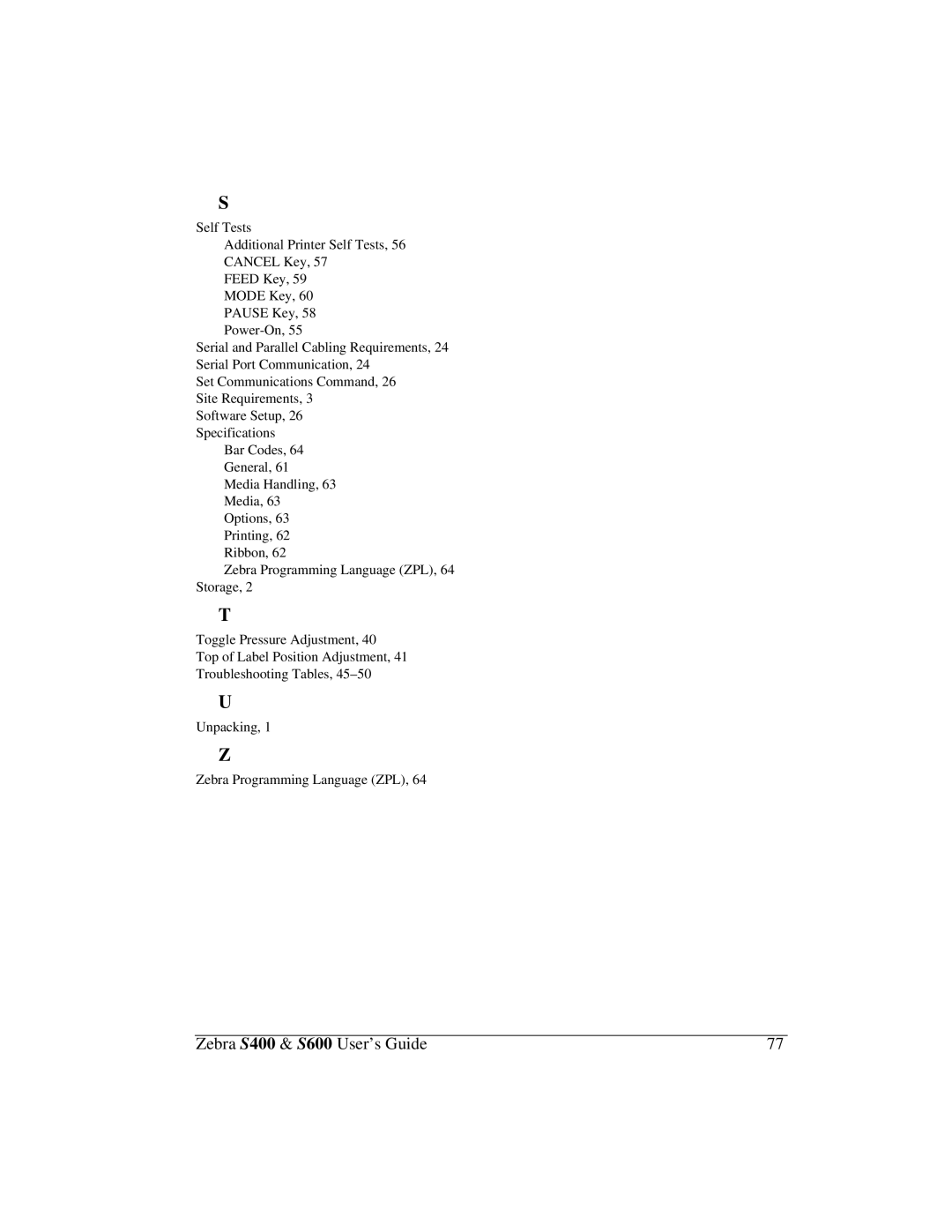 Zebra Technologies manual Zebra S400 & S600 User’s Guide 