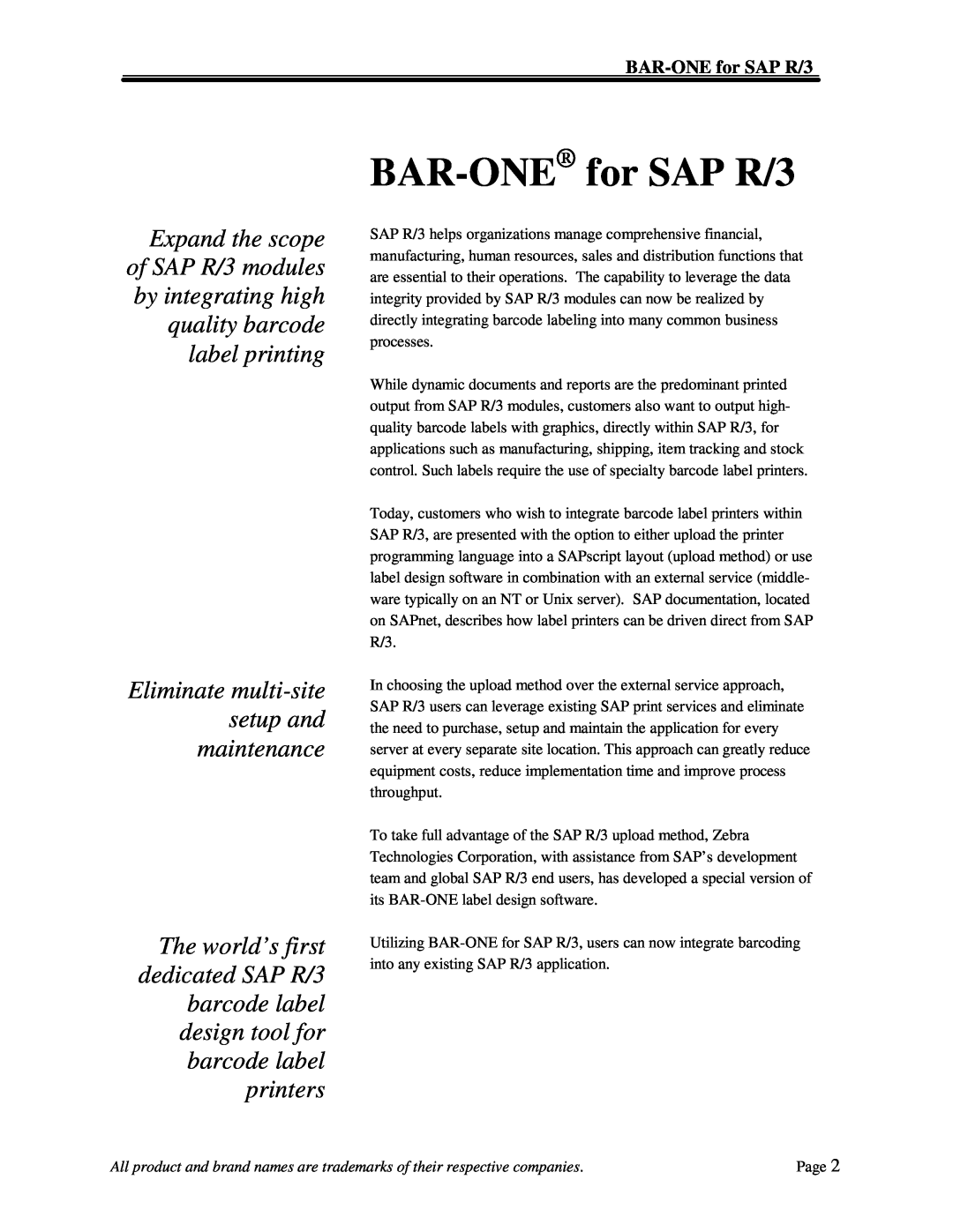 Zebra Technologies manual Eliminate multi-site setup and maintenance, BAR-ONE for SAP R/3 