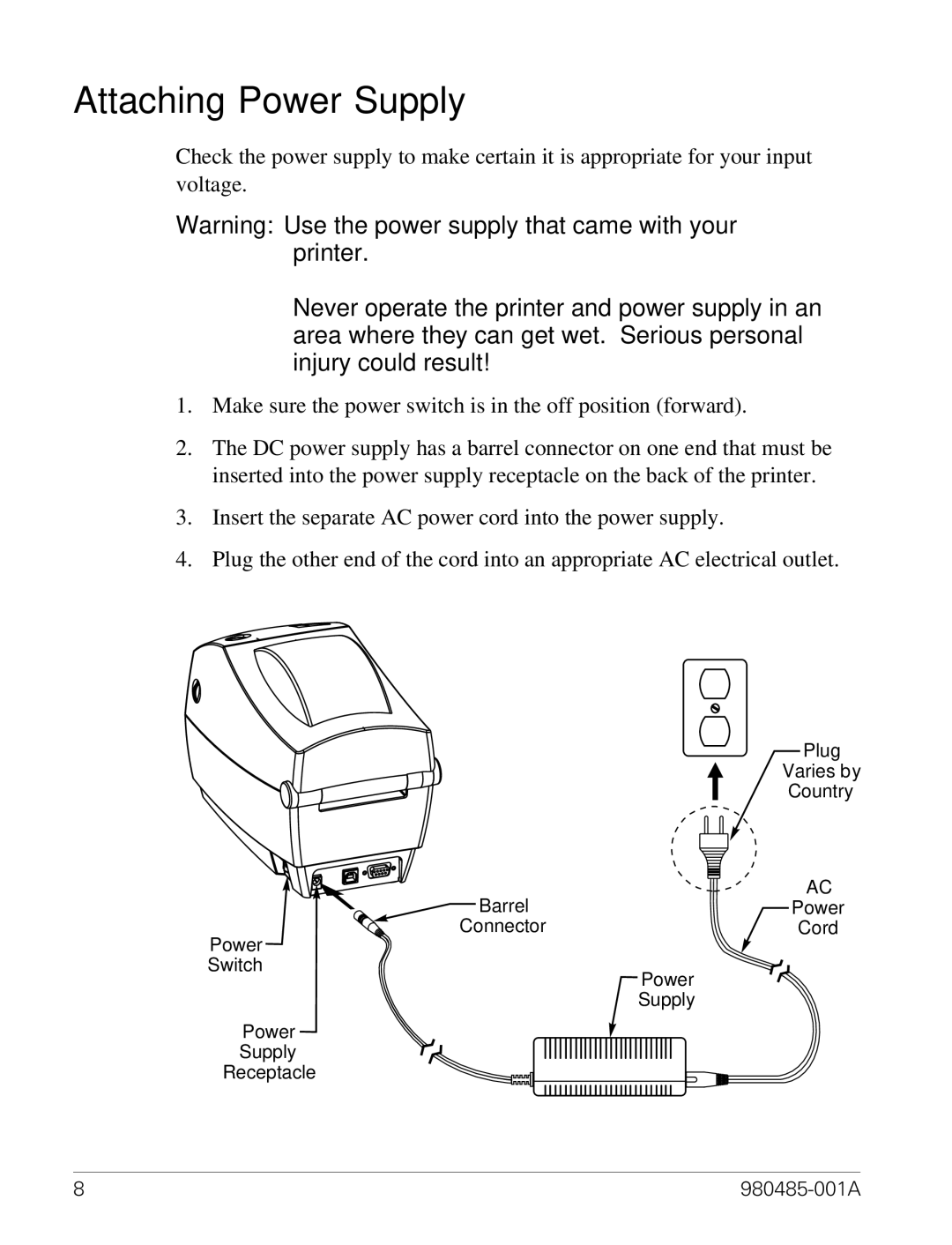 Zebra Technologies TLP 2824 manual Attaching Power Supply 