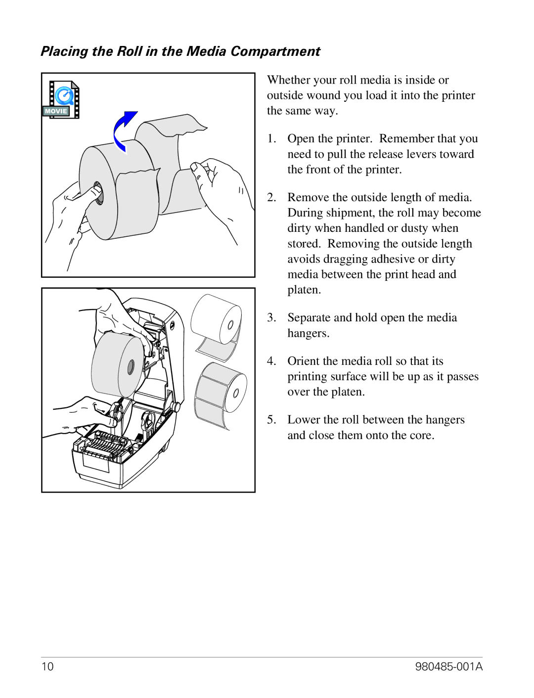 Zebra Technologies TLP 2824 manual Placing the Roll in the Media Compartment 