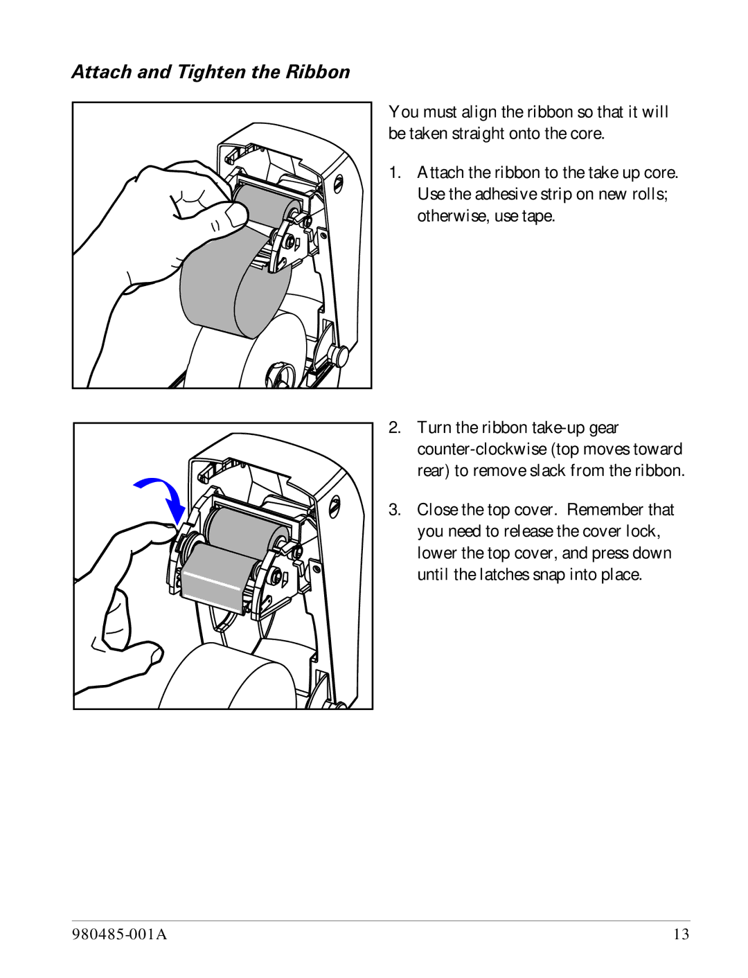 Zebra Technologies TLP 2824 manual Attach and Tighten the Ribbon 