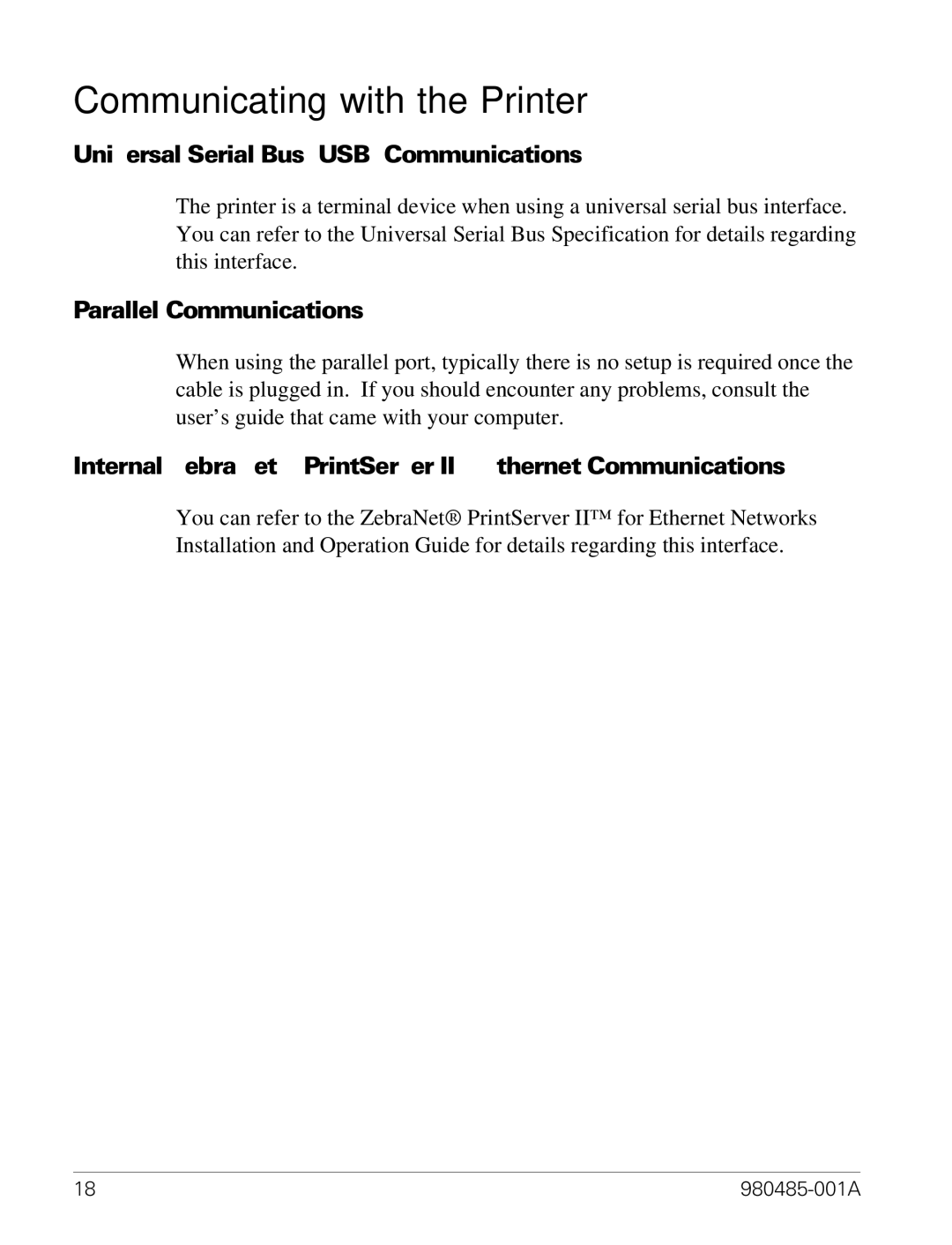 Zebra Technologies TLP 2824 manual Communicating with the Printer, Universal Serial Bus USB Communications 