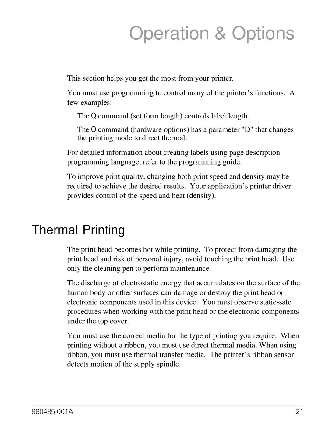 Zebra Technologies TLP 2824 manual Operation & Options, Thermal Printing 