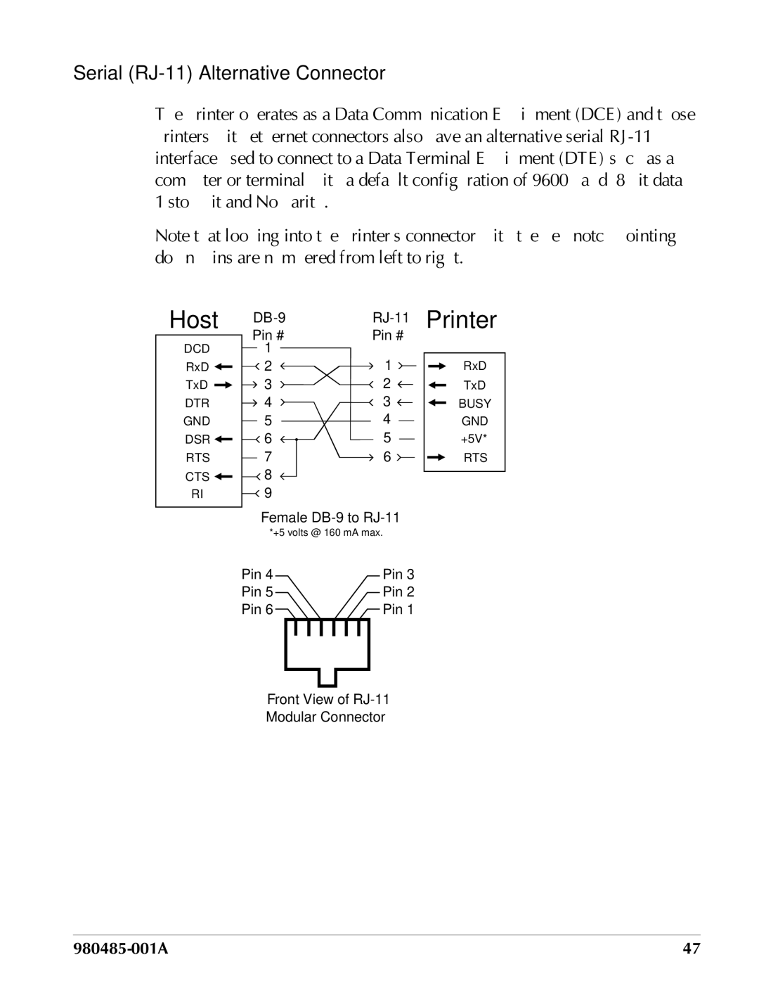 Zebra Technologies TLP 2824 manual Printer, Serial RJ-11 Alternative Connector 