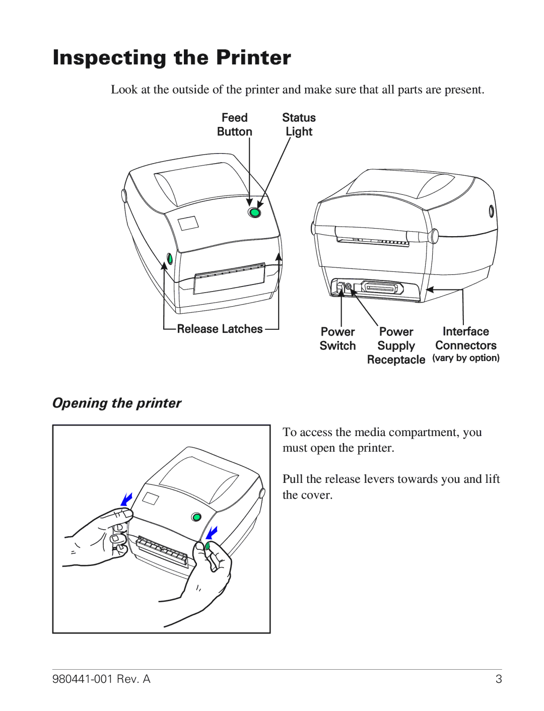 Zebra Technologies TLP 3844-Z manual Inspecting the Printer, Opening the printer 