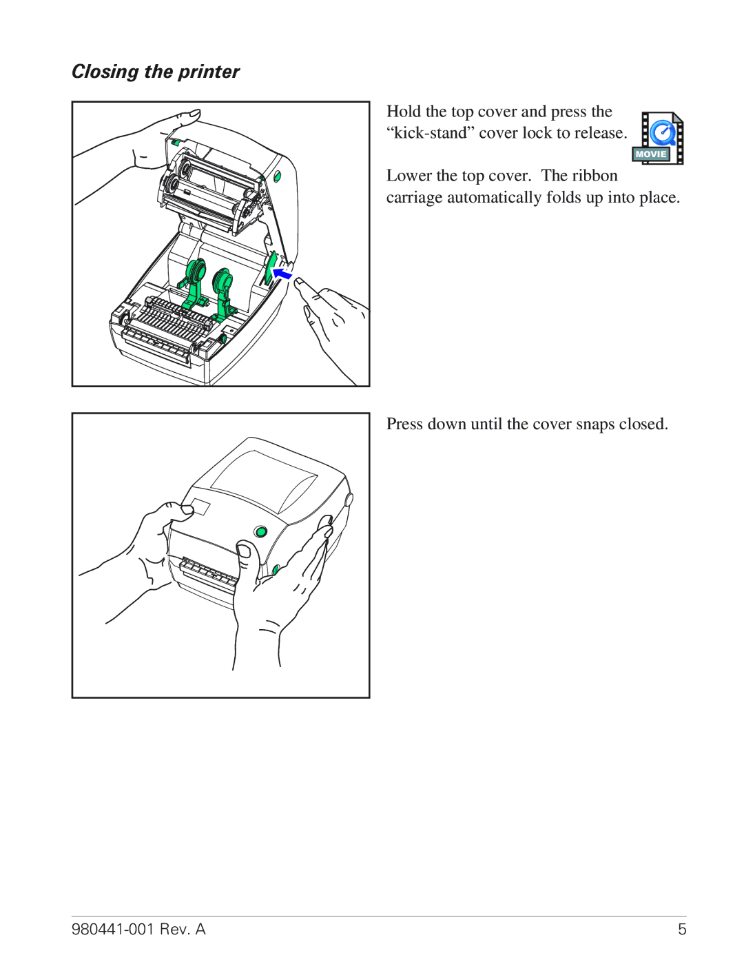 Zebra Technologies TLP 3844-Z manual Closing the printer 