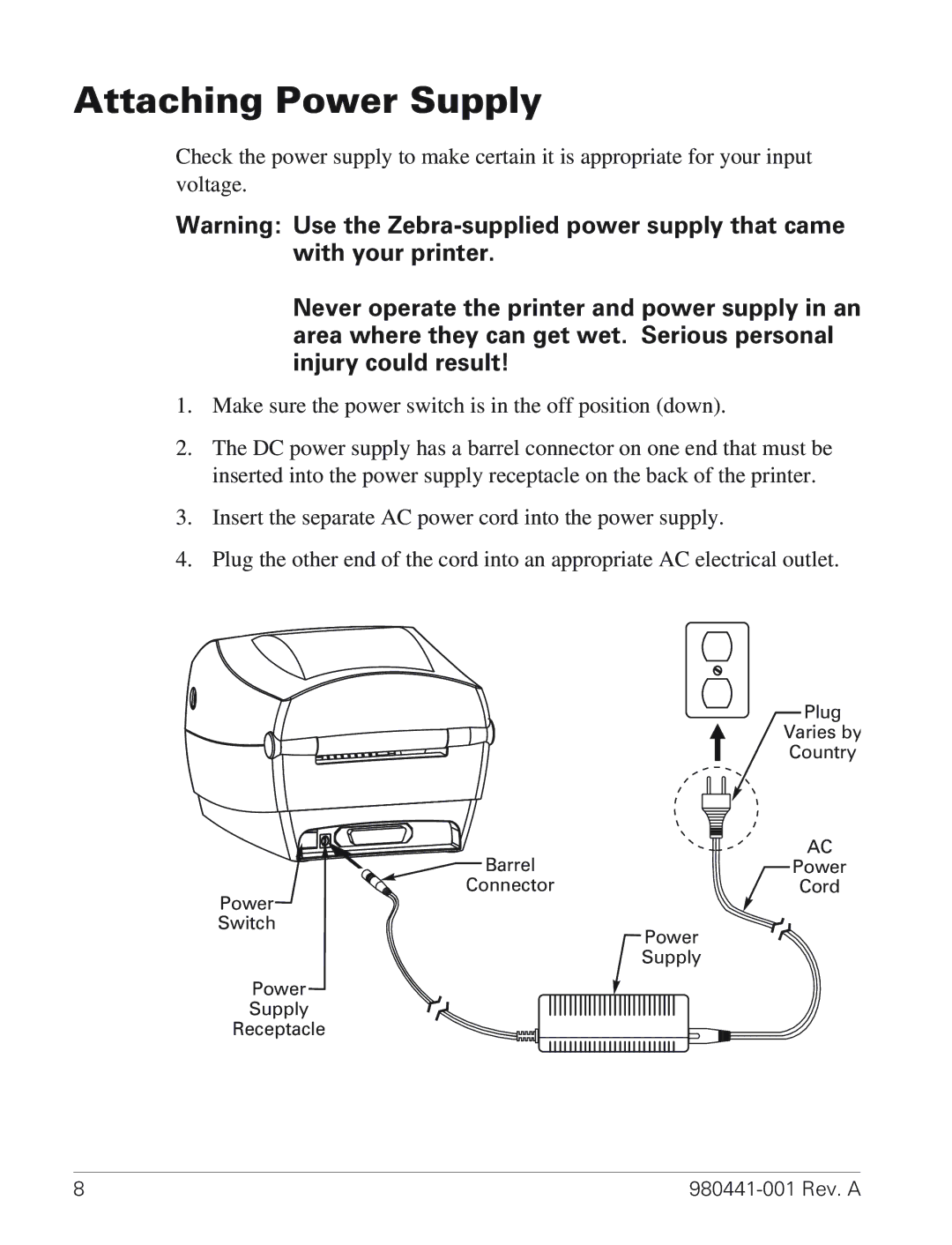 Zebra Technologies TLP 3844-Z manual Attaching Power Supply 