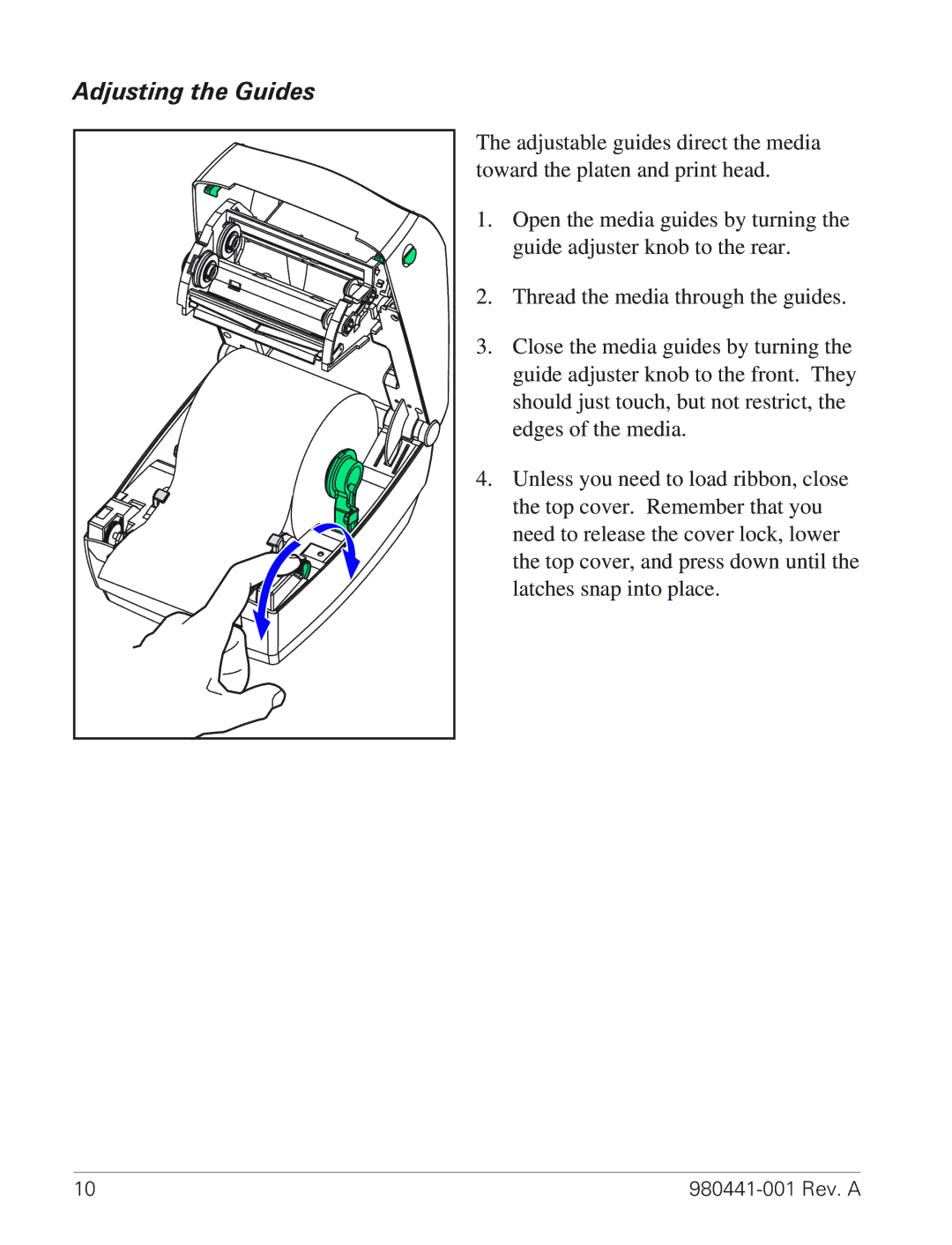 Zebra Technologies TLP 3844-Z manual Adjusting the Guides 