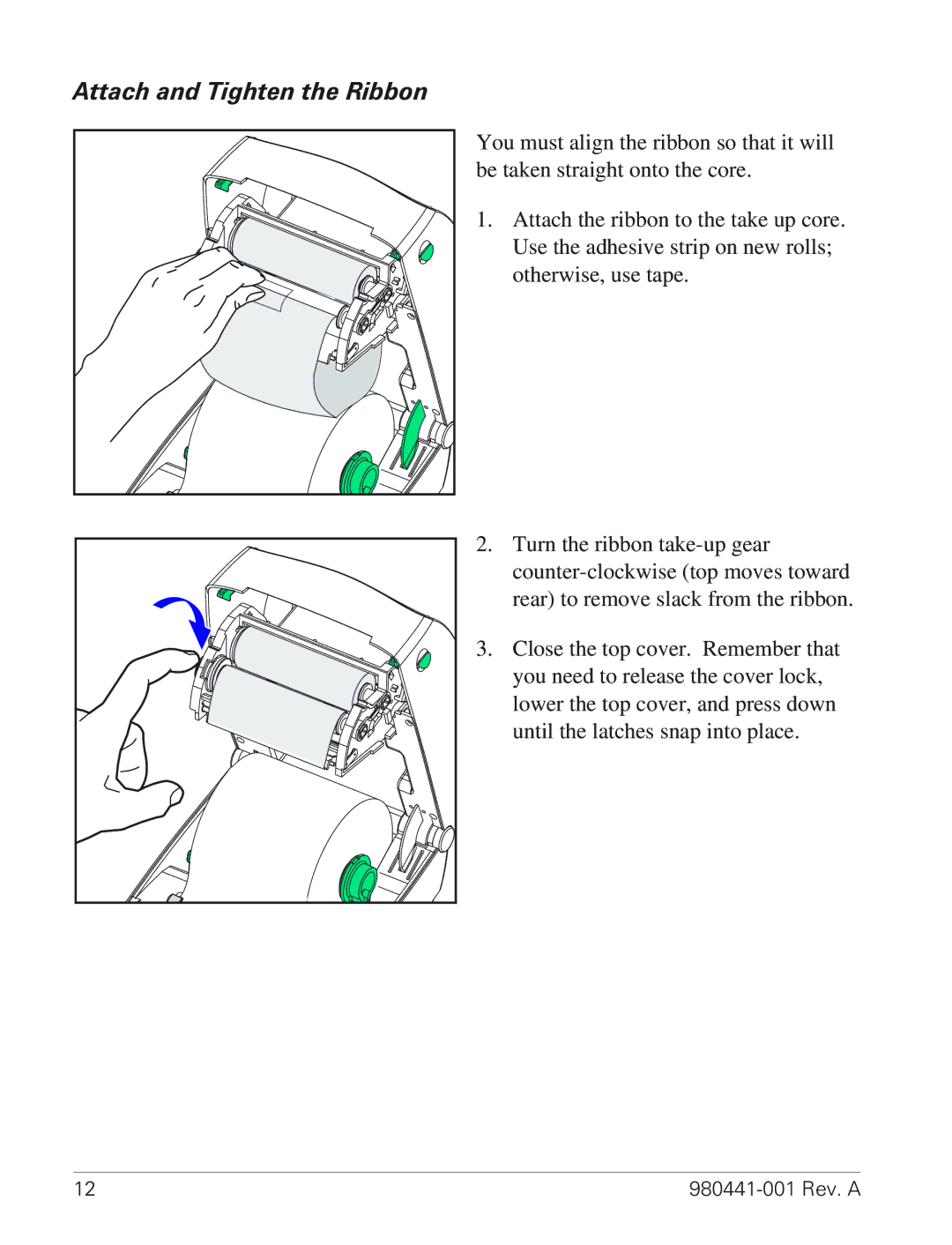 Zebra Technologies TLP 3844-Z manual Attach and Tighten the Ribbon 