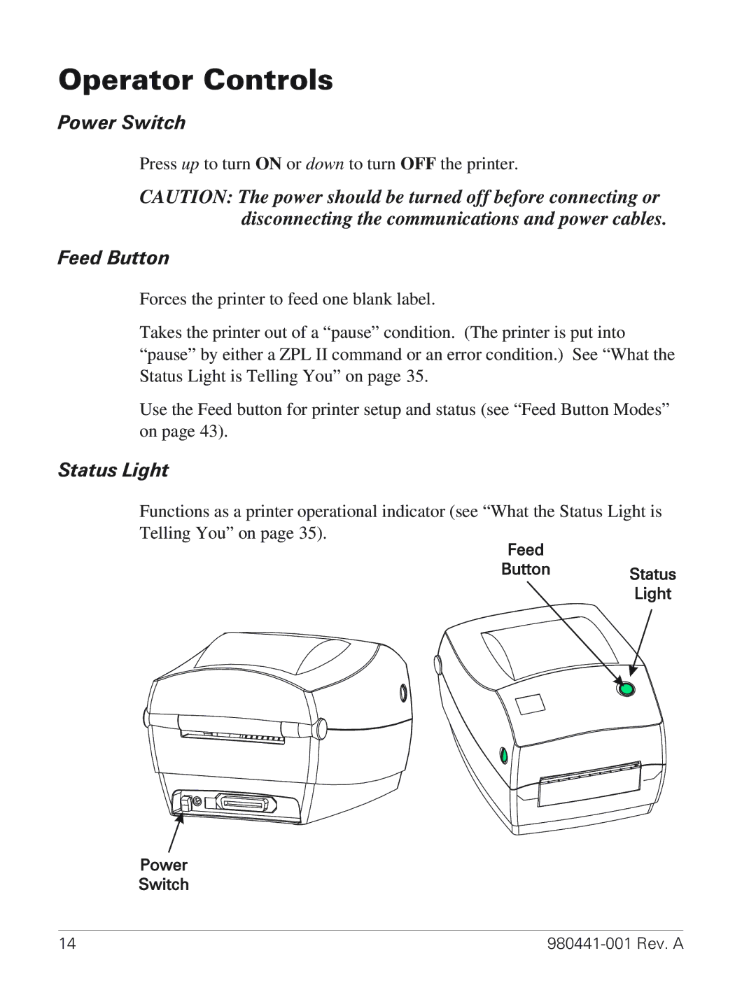 Zebra Technologies TLP 3844-Z manual Operator Controls, Power Switch, Feed Button, Status Light 