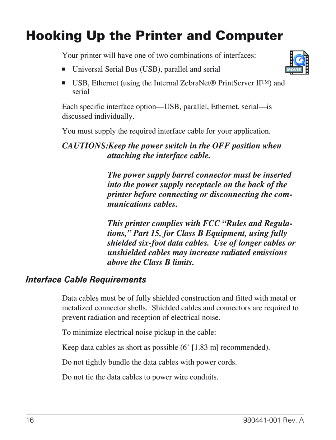 Zebra Technologies TLP 3844-Z manual Hooking Up the Printer and Computer, Interface Cable Requirements 