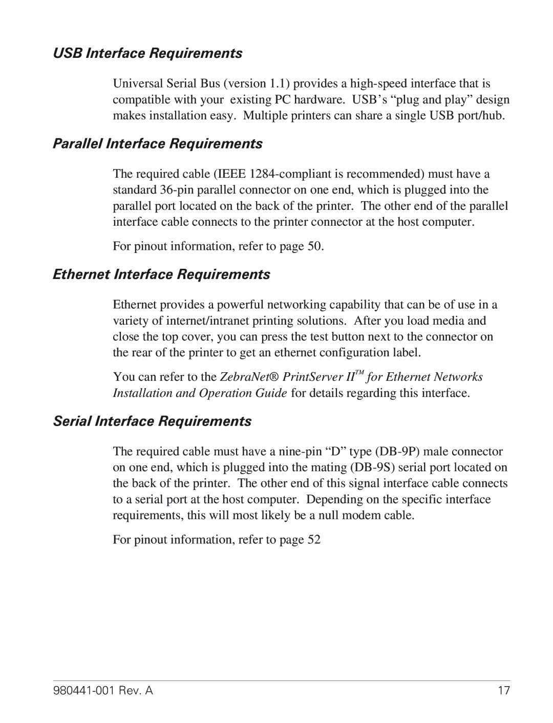 Zebra Technologies TLP 3844-Z USB Interface Requirements, Parallel Interface Requirements, Ethernet Interface Requirements 