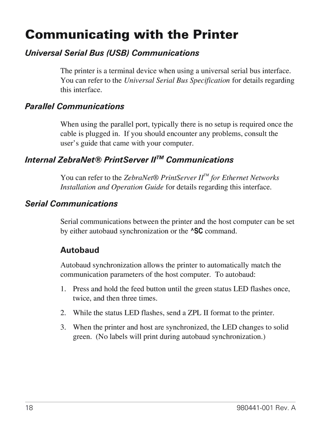 Zebra Technologies TLP 3844-Z manual Communicating with the Printer, Universal Serial Bus USB Communications 