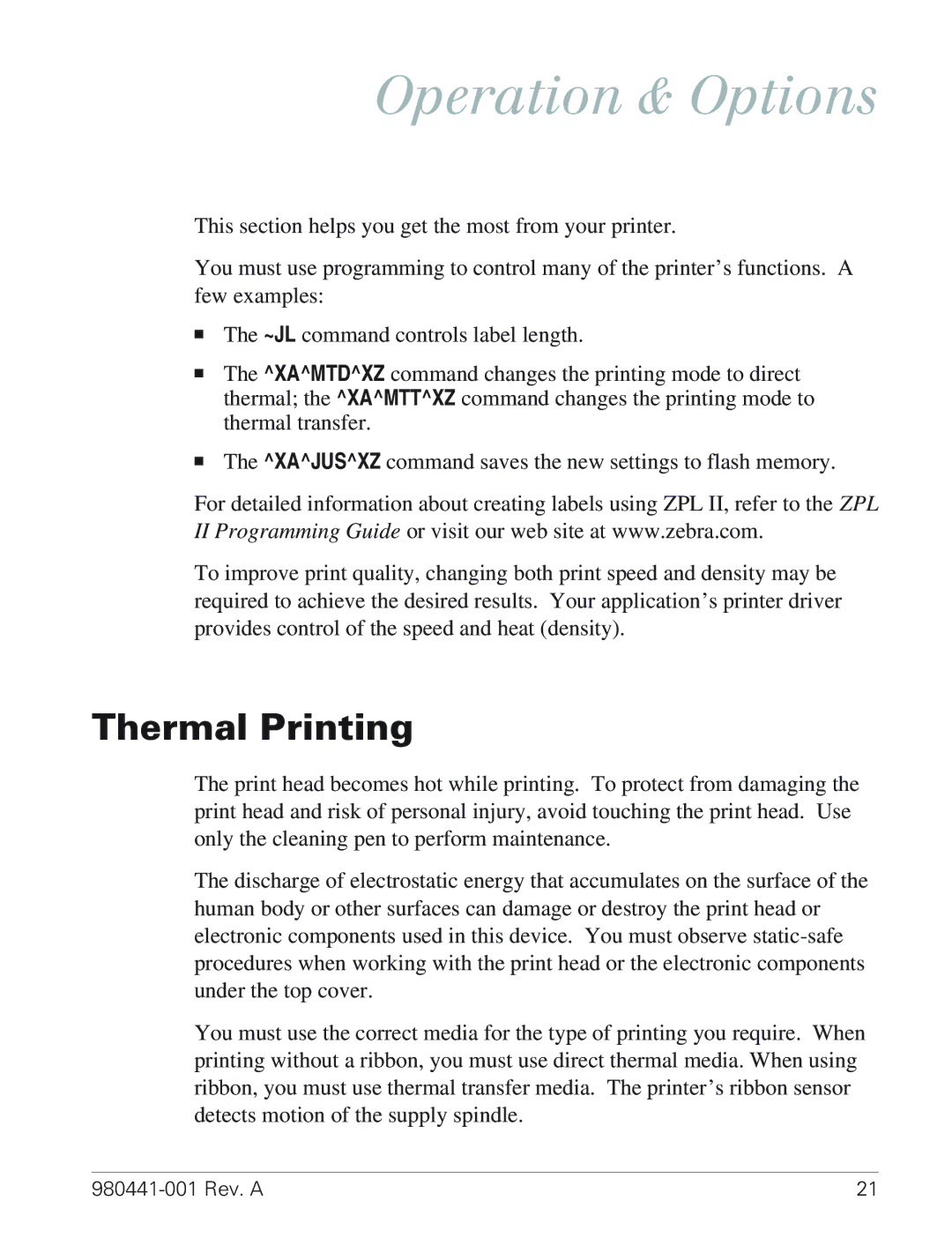 Zebra Technologies TLP 3844-Z manual Operation & Options, Thermal Printing 