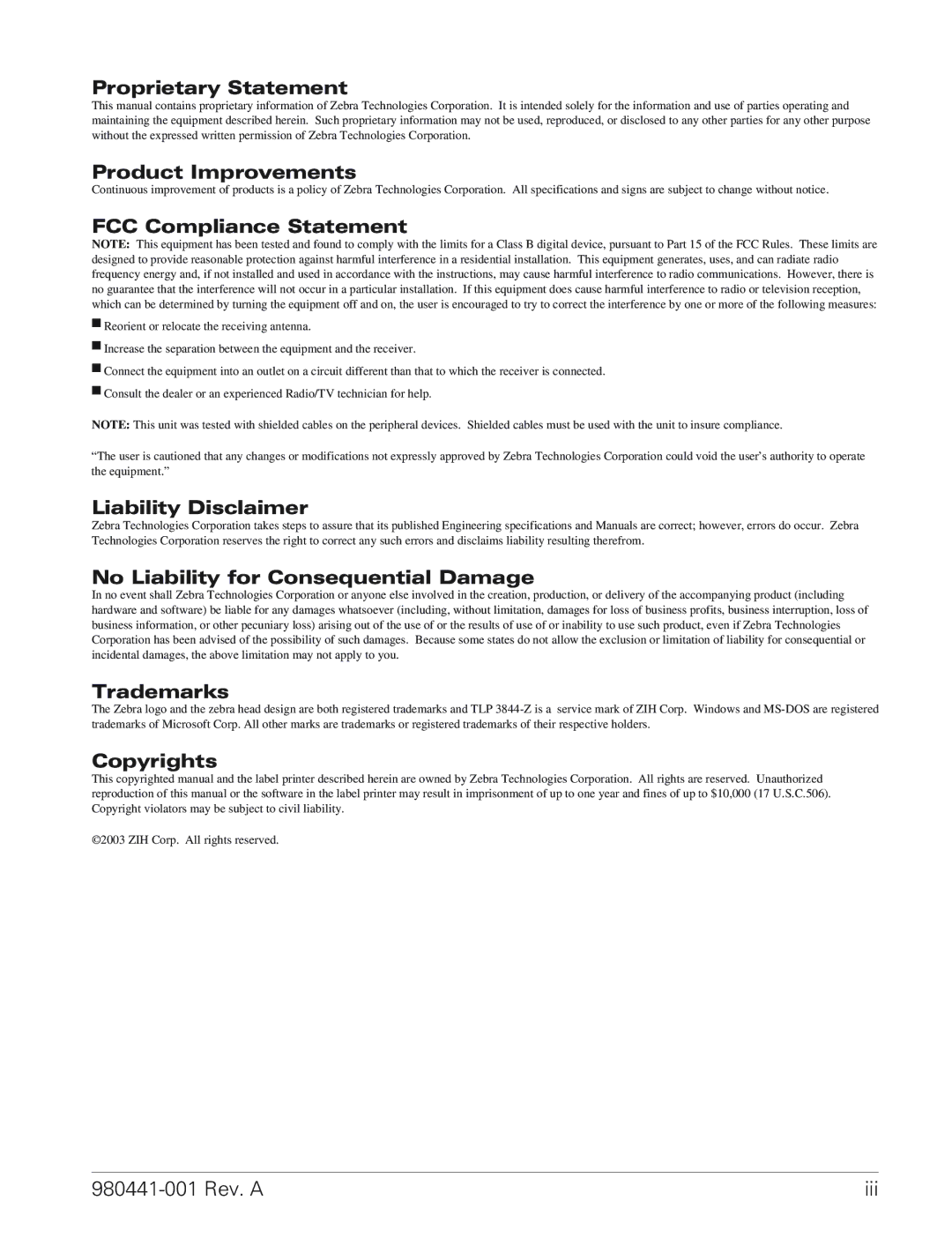 Zebra Technologies TLP 3844-Z manual Proprietary Statement 