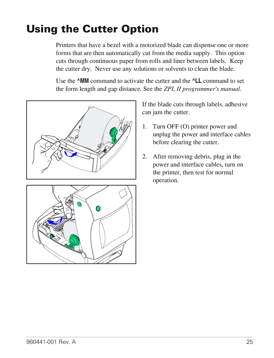 Zebra Technologies TLP 3844-Z manual Using the Cutter Option 