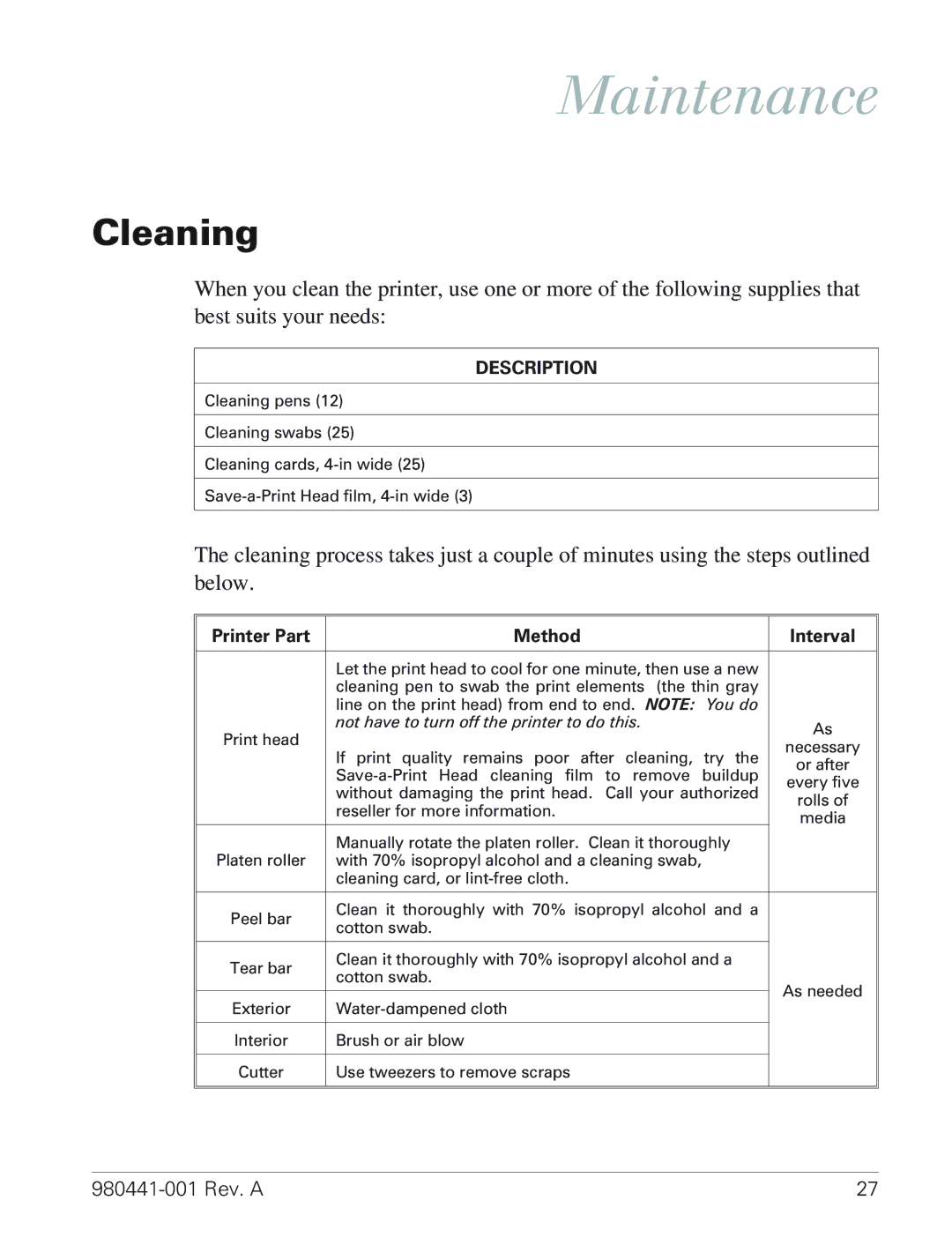 Zebra Technologies TLP 3844-Z manual Maintenance, Cleaning 