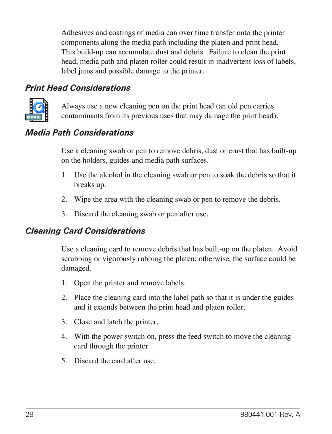 Zebra Technologies TLP 3844-Z manual Print Head Considerations, Media Path Considerations, Cleaning Card Considerations 