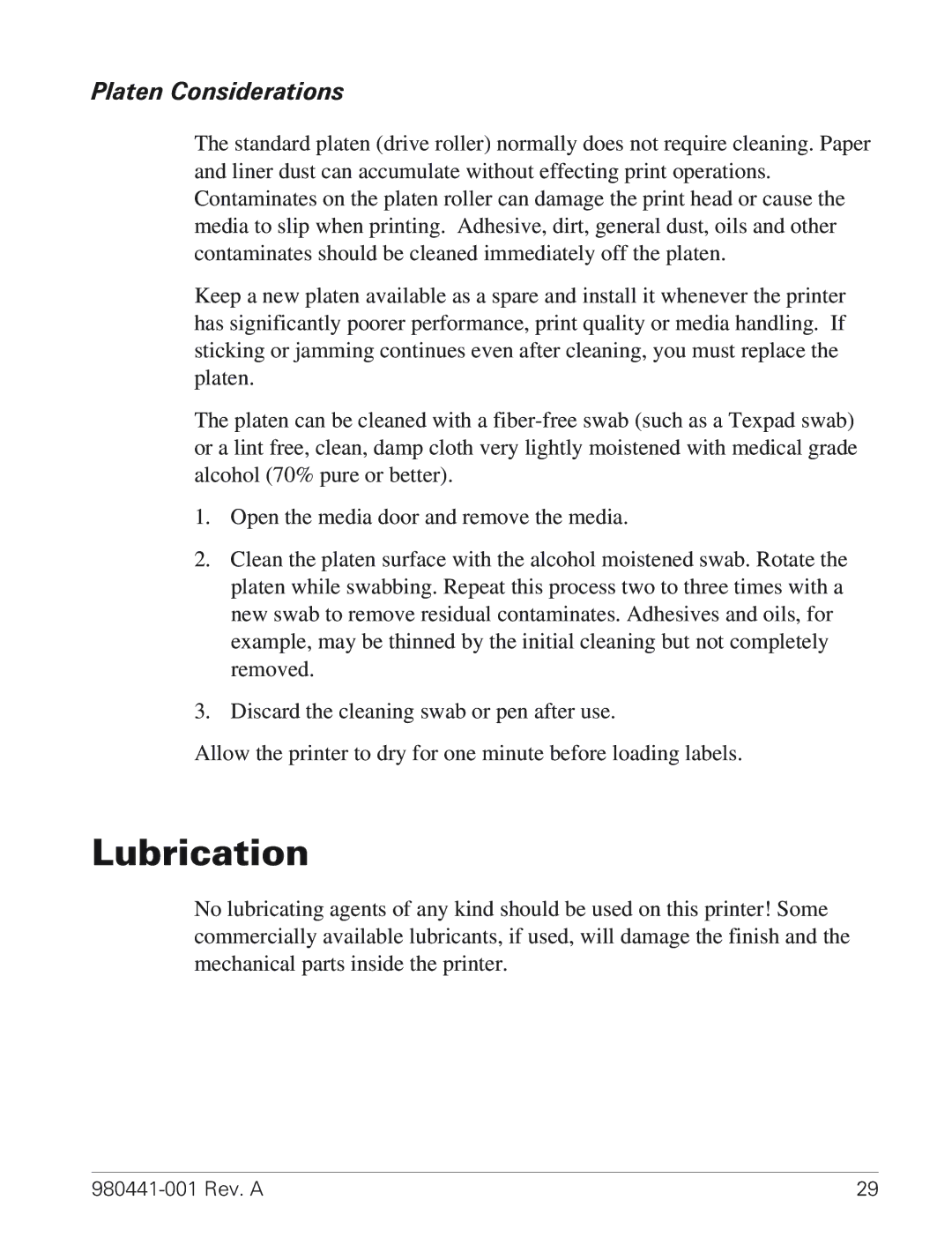 Zebra Technologies TLP 3844-Z manual Lubrication, Platen Considerations 