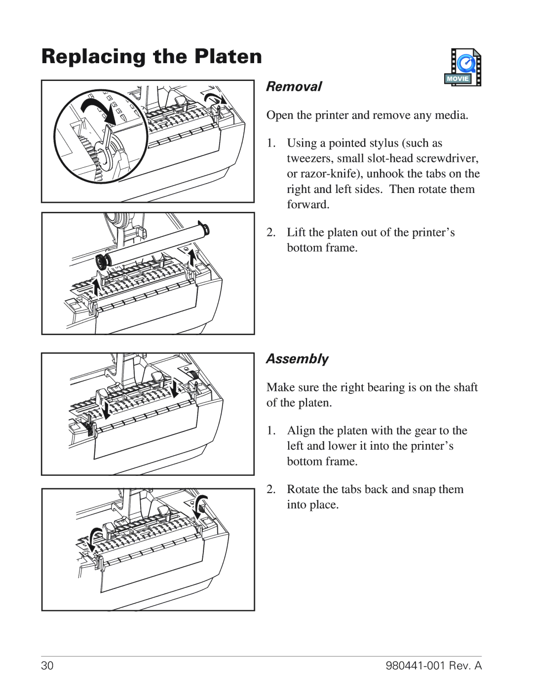 Zebra Technologies TLP 3844-Z manual Replacing the Platen, Removal, Assembly 