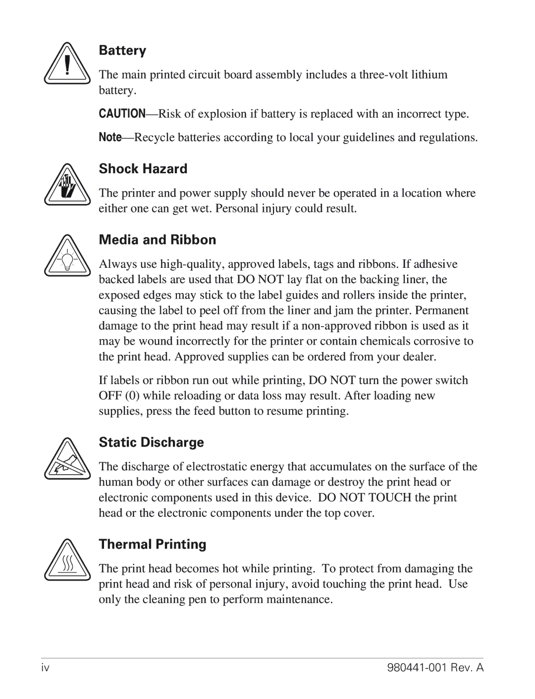 Zebra Technologies TLP 3844-Z manual Battery, Shock Hazard, Media and Ribbon, Static Discharge, Thermal Printing 