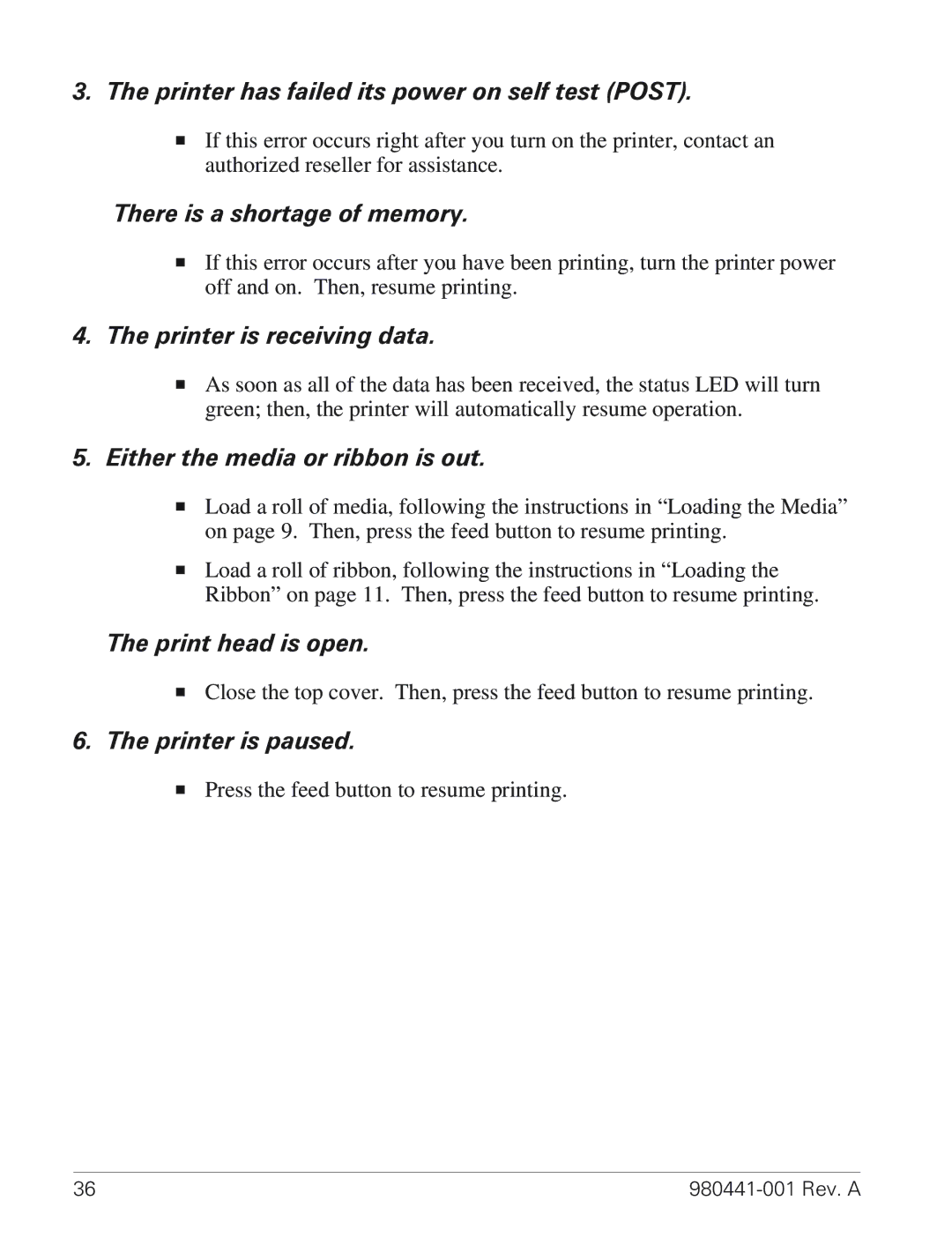 Zebra Technologies TLP 3844-Z manual Printer has failed its power on self test Post, There is a shortage of memory 