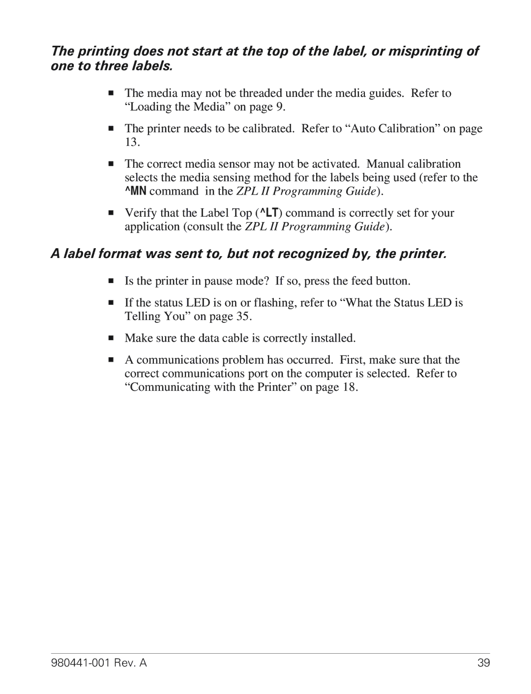 Zebra Technologies TLP 3844-Z manual Label format was sent to, but not recognized by, the printer 