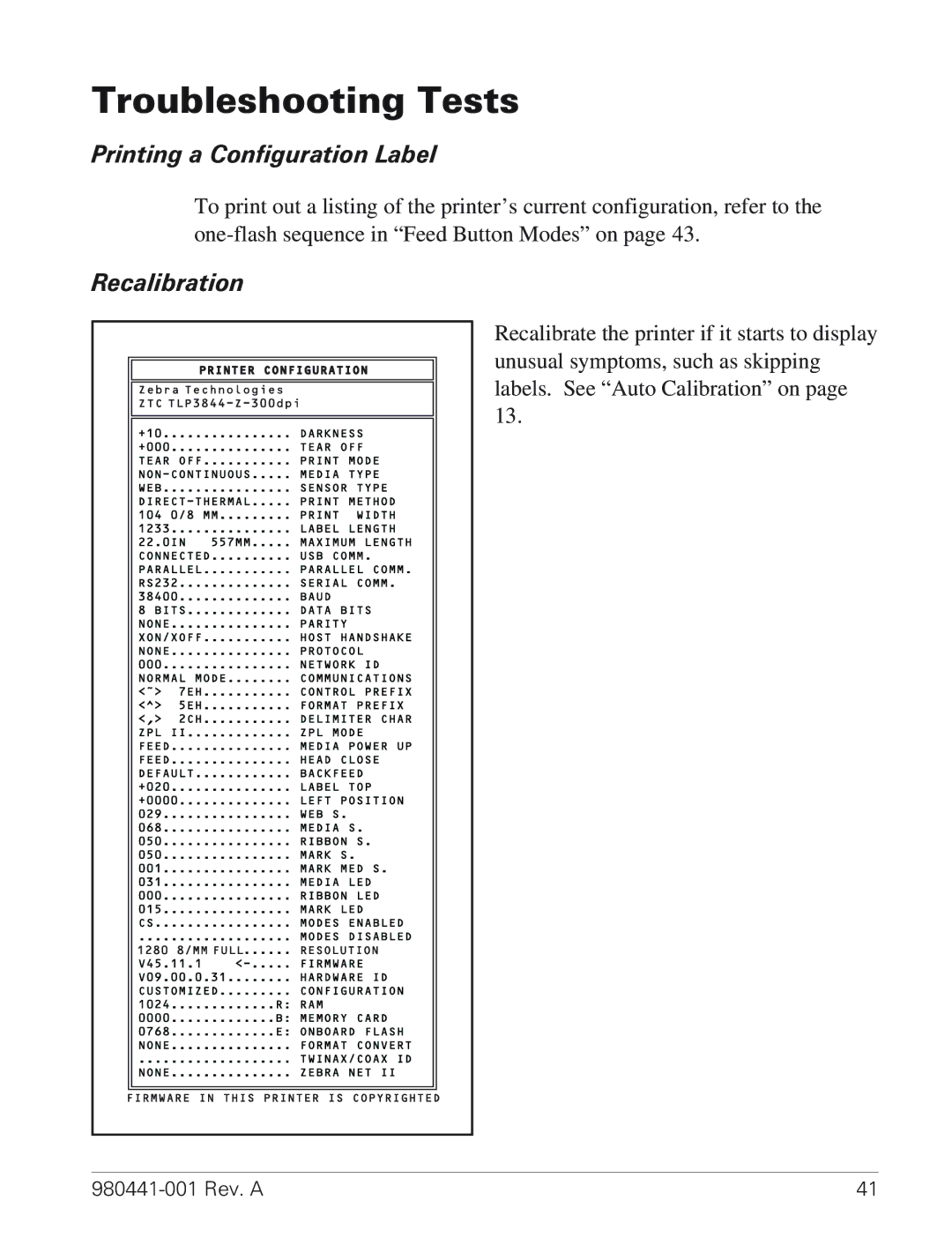 Zebra Technologies TLP 3844-Z manual Troubleshooting Tests, Printing a Configuration Label, Recalibration 