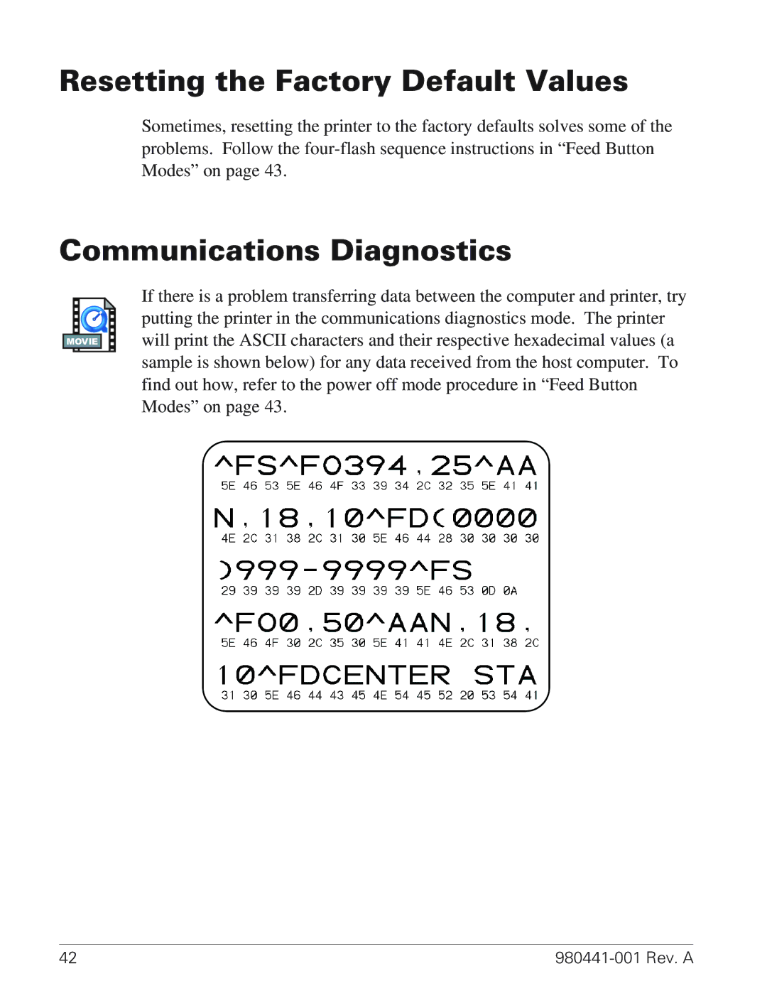 Zebra Technologies TLP 3844-Z manual Resetting the Factory Default Values, Communications Diagnostics 