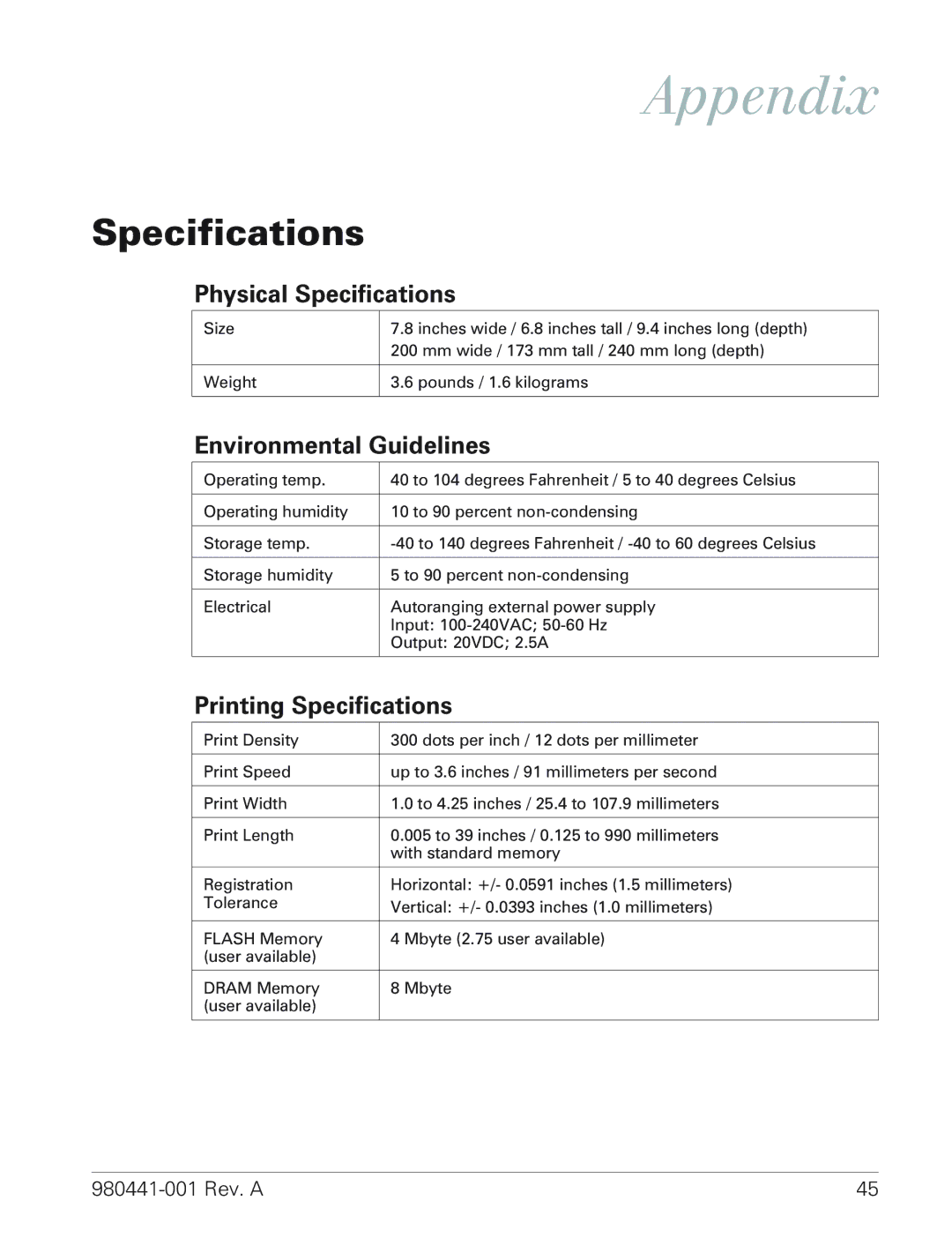 Zebra Technologies TLP 3844-Z Appendix, Physical Specifications, Environmental Guidelines, Printing Specifications 