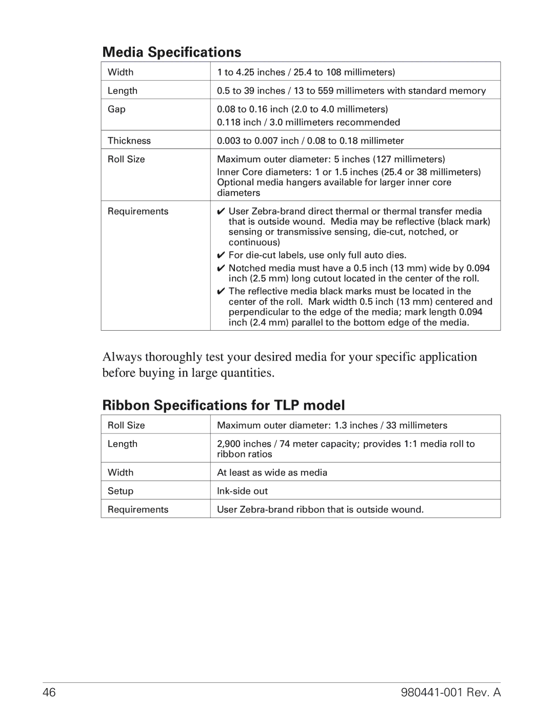 Zebra Technologies TLP 3844-Z manual Media Specifications, Ribbon Specifications for TLP model 