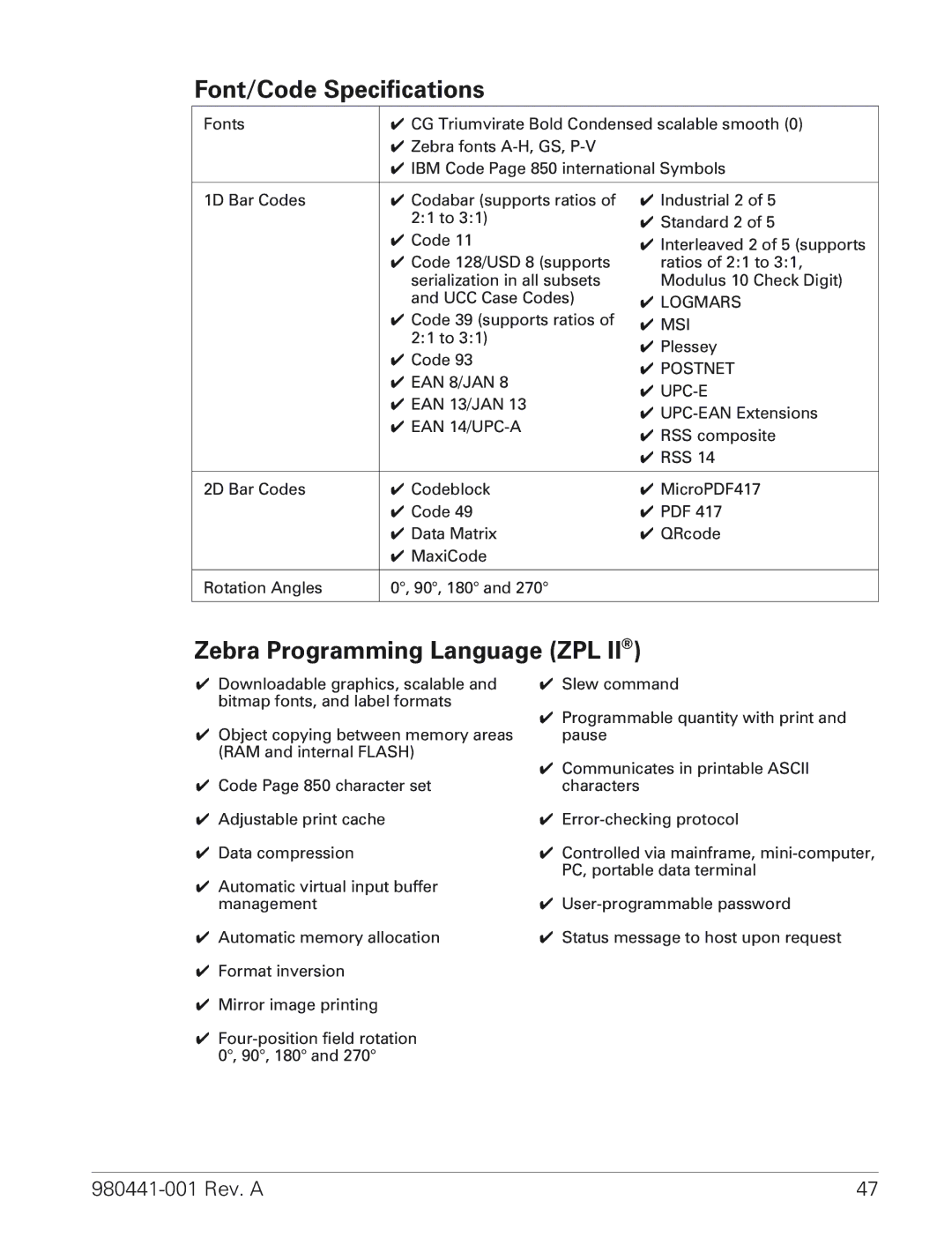 Zebra Technologies TLP 3844-Z manual Font/Code Specifications, Zebra Programming Language ZPL 