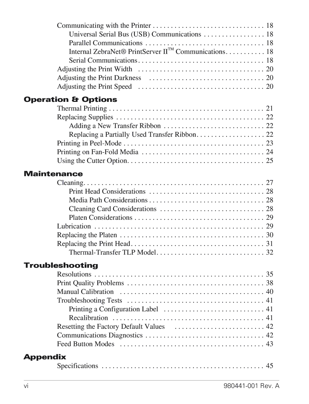 Zebra Technologies TLP 3844-Z manual Operation & Options 