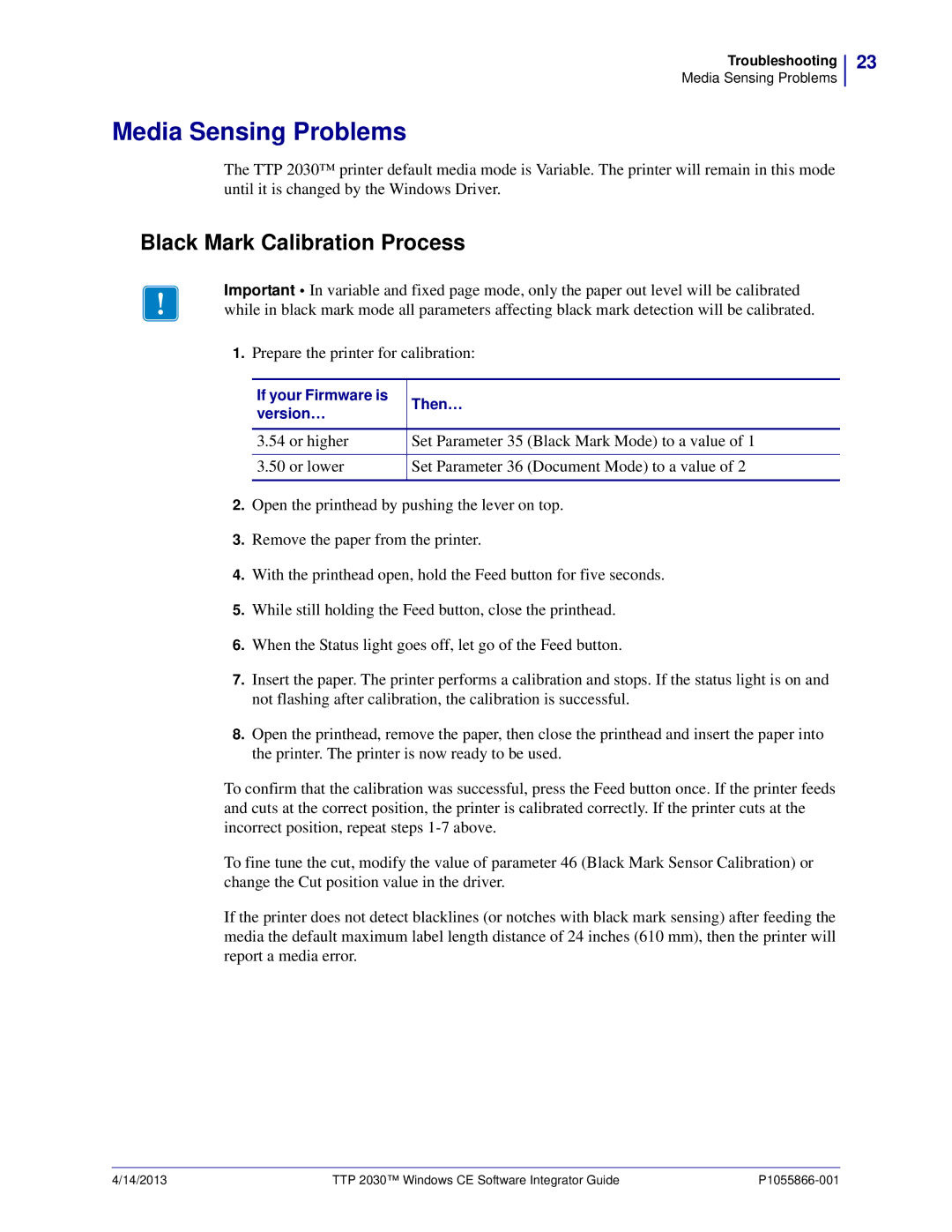 Zebra Technologies TTP 2030 manual Media Sensing Problems, Black Mark Calibration Process 