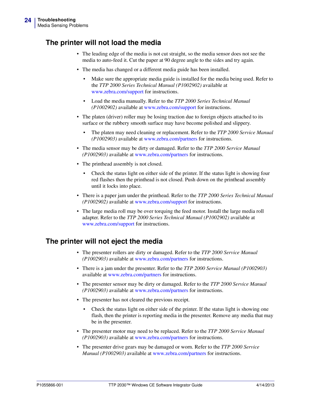Zebra Technologies TTP 2030 manual Printer will not load the media, Printer will not eject the media 