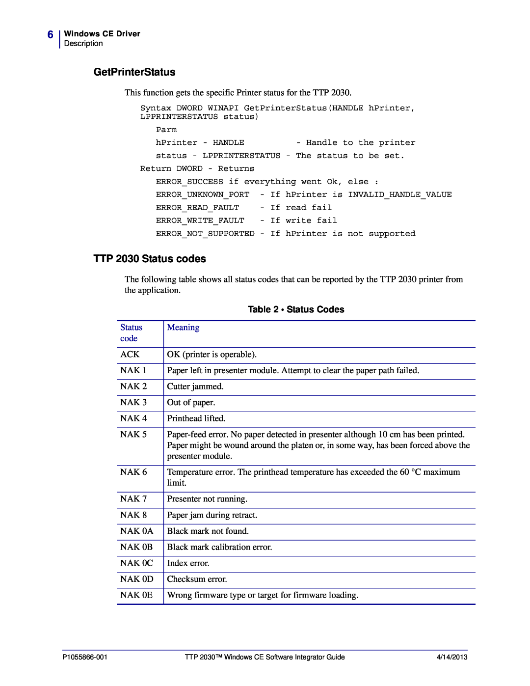 Zebra Technologies manual GetPrinterStatus, TTP 2030 Status codes, Status Codes, Meaning 
